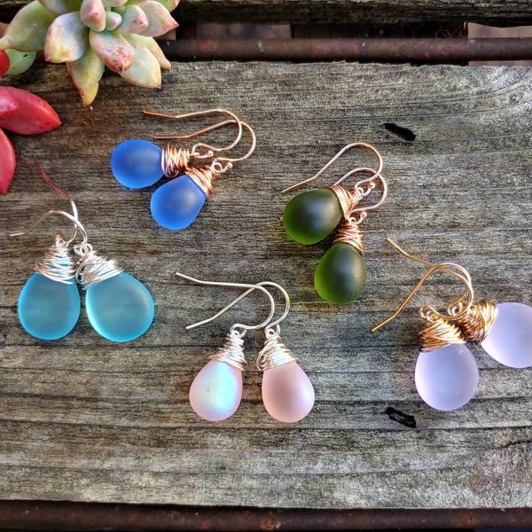 Sea glass earrings. Silver sea glass, gold sea glass, rose gold sea glass earrings. Frosted sea glass