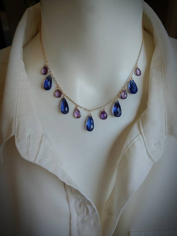 Tanzanite quartz and amethyst necklace. Elegant tanzanite necklace. Gold, rose gold, and sterling silver available. Periwinkle necklace