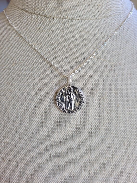 St Christopher pendant necklace. Sterling silver antique necklace. Saint Christoper protection for travel