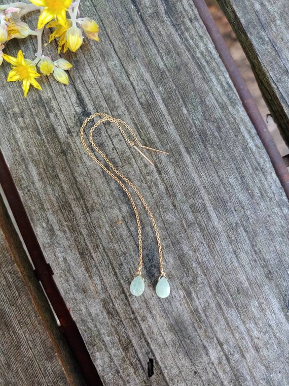 Amazonite threader earrings. Gold threader earrings.  Silver amazonite threader.  Rose gold amazonite earrings