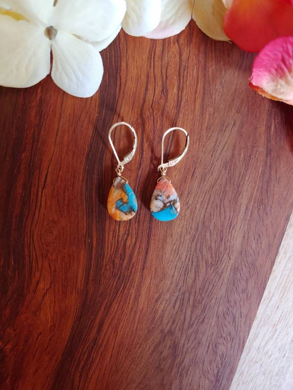 Spiny oyster turquoise earrings.   Sterling silver turquoise earrings. Gold spiny oyster. Rose gold spiny oyster. Mosaic earrings