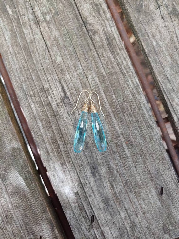 Long blue topaze earrings. Sterling silver, gold, gold and rose gold filled available