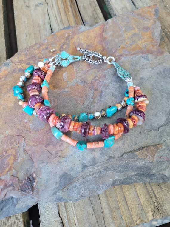 Spiny oyster turquoise bracelet.  Spiny oyster turquoise layered bracelet.  Sterling silver orange and turquoise bracelet