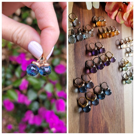 London blue topaz quart faceted gemstone earrings in rose gold, gold and sterling silver