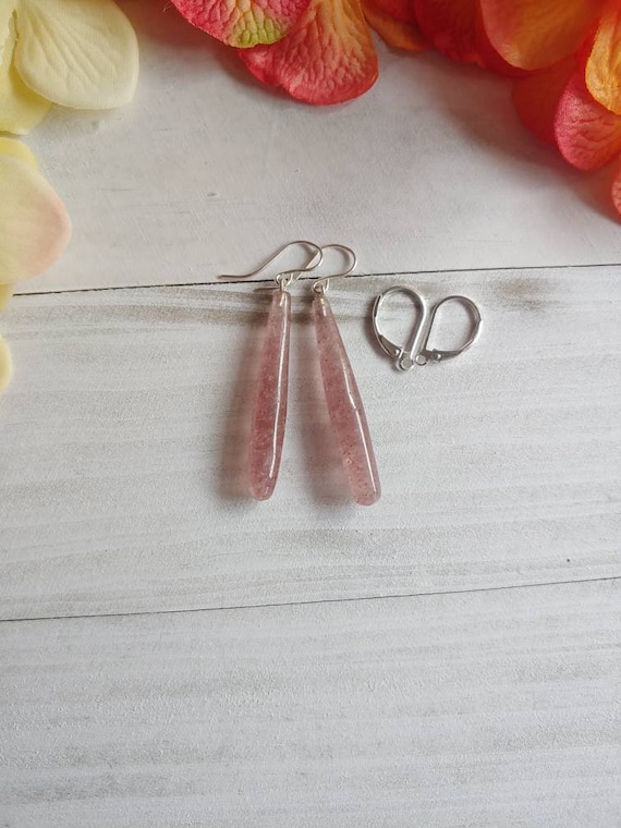 Long strawberry quartz earrings.  Strawberry earrings. Sterling silver strawberry quartz earrings