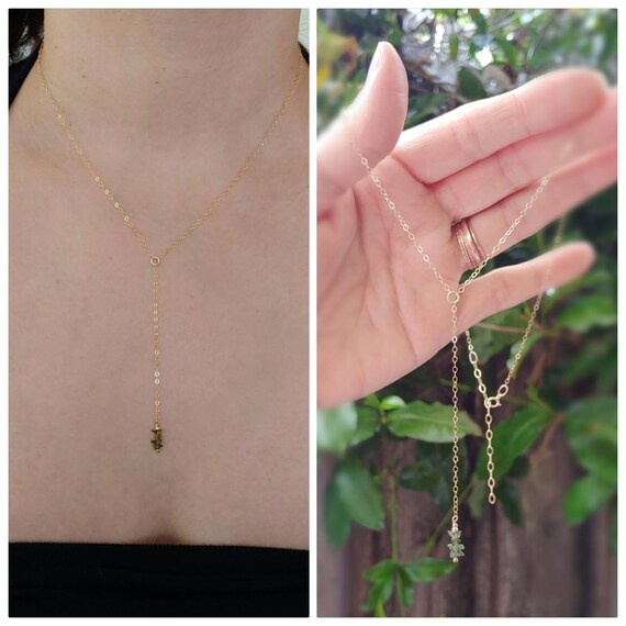 Sexy moldavite Y lariat necklace. Tektite necklace. Gold, Rose Gold or sterling silver available.
