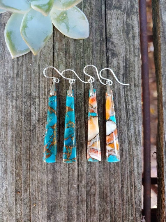 Long spiny oyster turquoise earrings.   Blue Mojave turquoise earrings. Available in sterling silver only. Mosaic earrings
