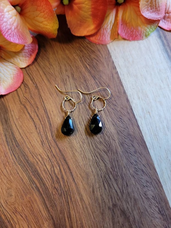 Black tourmaline earrings. Tourmaline teardrop earrings.  Gold filled and Sterling silver available.