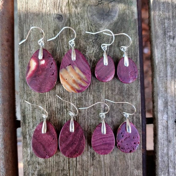 Purple Spiny oyster earrings.  Silver spiny oyster earrings.  Purple spiny oyster earrings