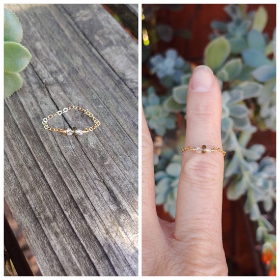Real moldavite AND herkimer ring.  Moldavite chain ring. Minimalist ring. Available in rose gold, gold, and sterling silver
