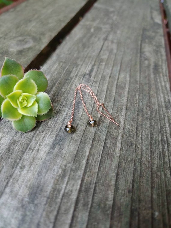Dainty moldavite threader earrings. Long moldavite earrings.  Silver, gold filled and rose gold filled available