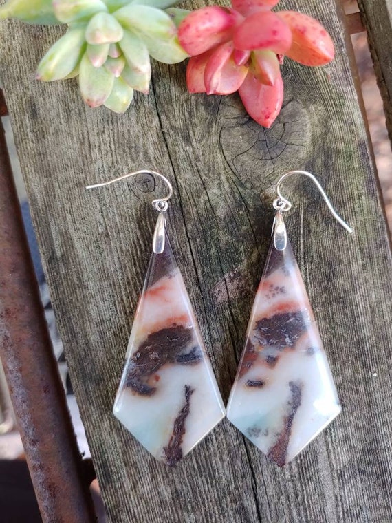 Unique amazonite earrings. Available in sterling silver only. Long amazonite earrings