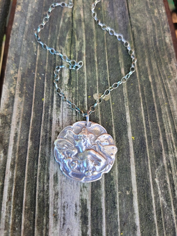 Art nouveau fairy pendant necklace. Sterling silver antique necklace. 1900's French necklace