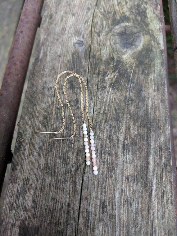 stacked pink opal threader earrings. Gold threaded earrings. Silver opal threader earrings. Rose gold opal threader