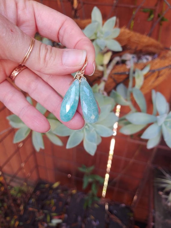 Teardrop amazonite earrings. Available in sterling silver, gold or rose gold.   Long amazonite earrings