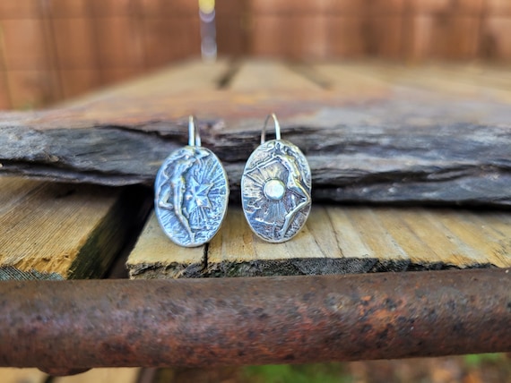 Sterling silver celestial goddess earrings. Moon goddess. Art nouveau lady earrings