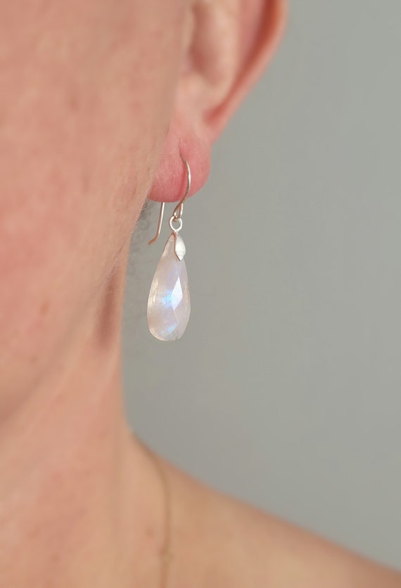 Teardrop shaped moonstone earrings. Sterling silver moonstone earrings. Flashy moonstone