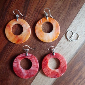Rare carved spiny oyster hoop earrings. Sterling silver shell earrings. Orange hoop earrings