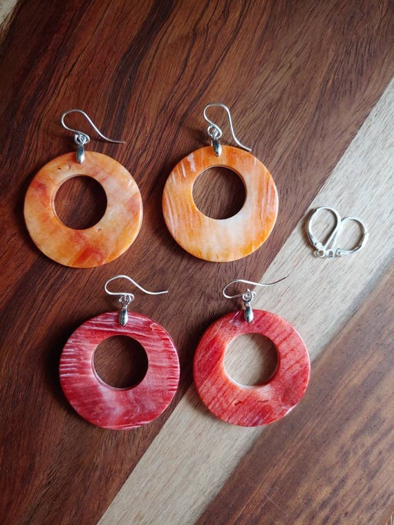 Rare carved spiny oyster hoop earrings. Sterling silver shell earrings. Orange hoop earrings