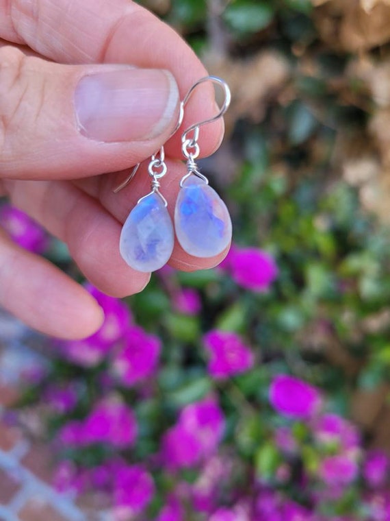 Flashy moonstone earrings.  Silver, gold, and rose gold available