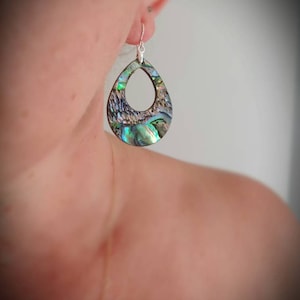Big hoop abalone shell earrings. Silver abalone earrings. Nautical earrings. Rainbow earrings