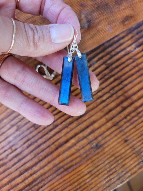 Blue flash rectangle Labradorite earrings.  Silver labradorite earrings. Long labradorite earrings