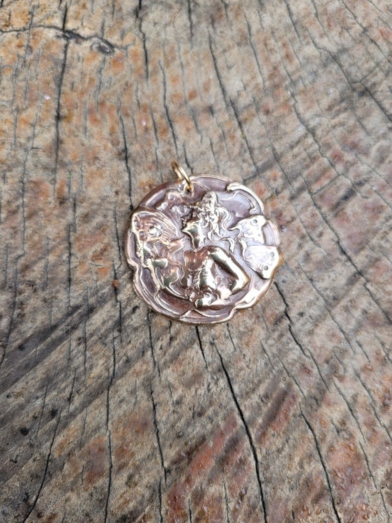 Gold art nouveau fairy pendant necklace. Gold tone antique necklace. 1900's French woman