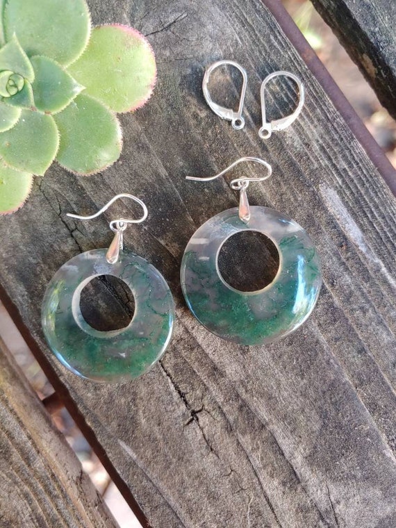 Unique chunky gemstone hoop moss agate earrings. Silver moss agate earrings. Gold moss agate earrings.  Rose gold moss agate earrings