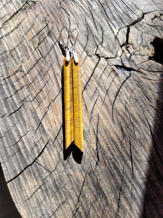 Long stick tiger eye earrings. Silver tiger eye earrings