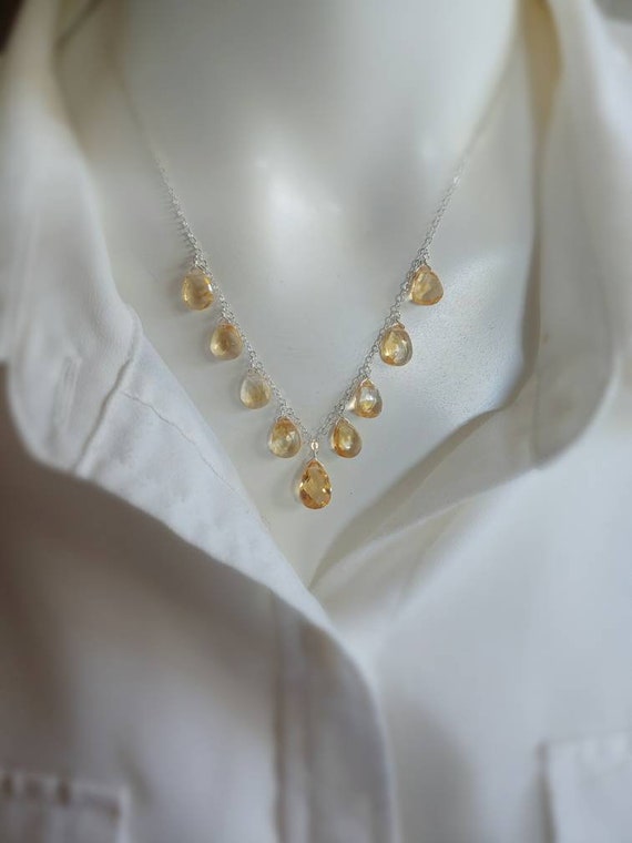 Elegant Citrine necklace.  Beautiful yellow orange hues of citrine on your choice of gold or silver or rose gold