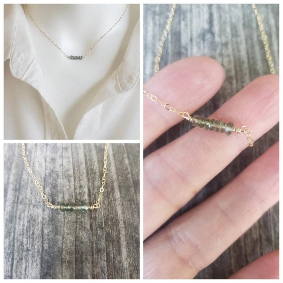 Ultra dainty BAR moldavite necklace. Tektite necklace. Gold, Rose Gold or sterling silver available.