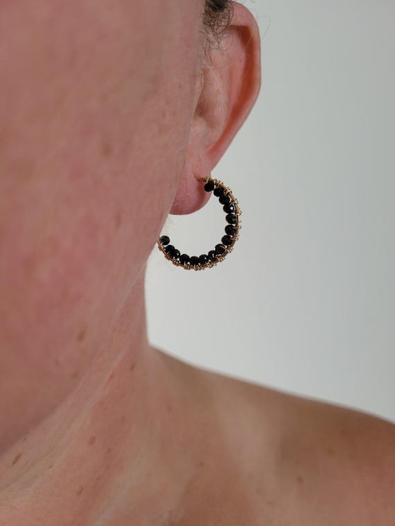 Black tourmaline hoop earrings. Tourmaline earrings.  Gold filled and Sterling silver available.