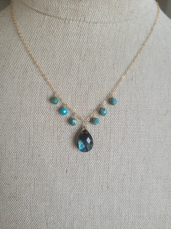 Labradorite and turquoise necklace. Your choice of gold filled, sterling silver, or rose gold