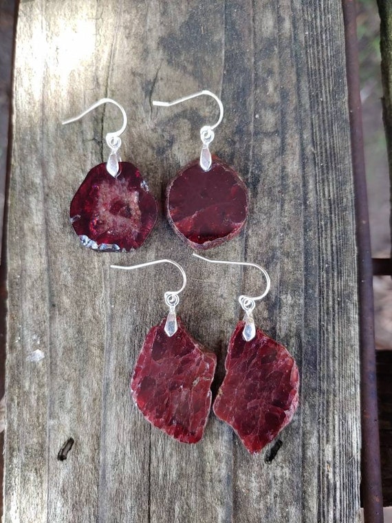 Sterling silver garnet earrings. Elegant garnet earrings.  Red garnet slice