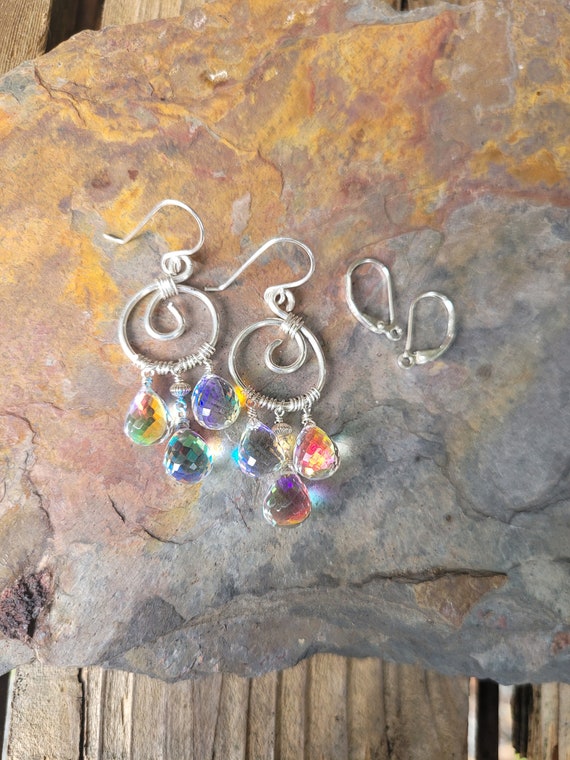 Rainbow moonstone quartz chandelier earrings. Unique opalescent earrings. Avail in gold filled, rose gold, or sterling silver