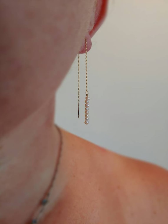 Dainty stacked pearl threader earrings. Pearl earrings.  Silver, gold filled and rose gold filled available
