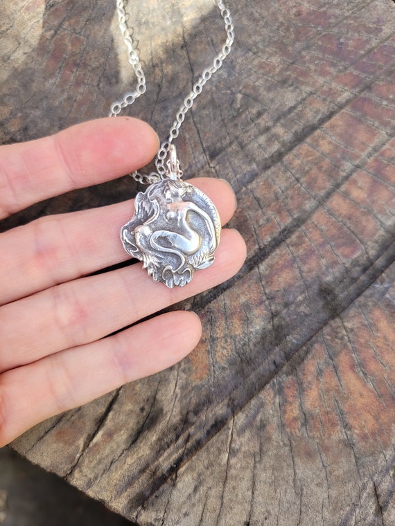French art nouveau mermaid pendant necklace. Sterling silver mermaid necklace