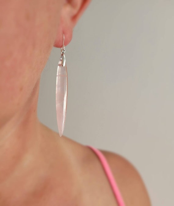 Spike rose quartz earrings.  Unique rose quartz earrings.  Long pink earrings. Sexy long pink earrings