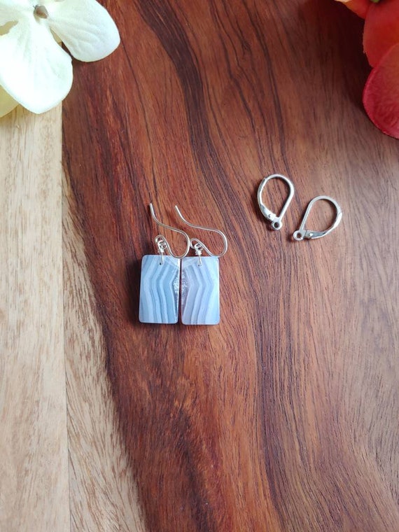 Cushion cut blue lace agate earrings.   Gold blue lace agate  earrings.   Rose gold agate earrings