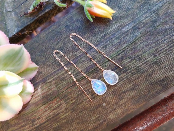 Moonstone threader earrings. Gold threader earrings.  Rose gold moonstone threader earrings. Silver threader earrings.