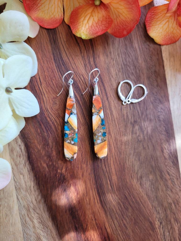 Spiny oyster turquoise earrings.   Available in sterling silver only. Mosaic earrings