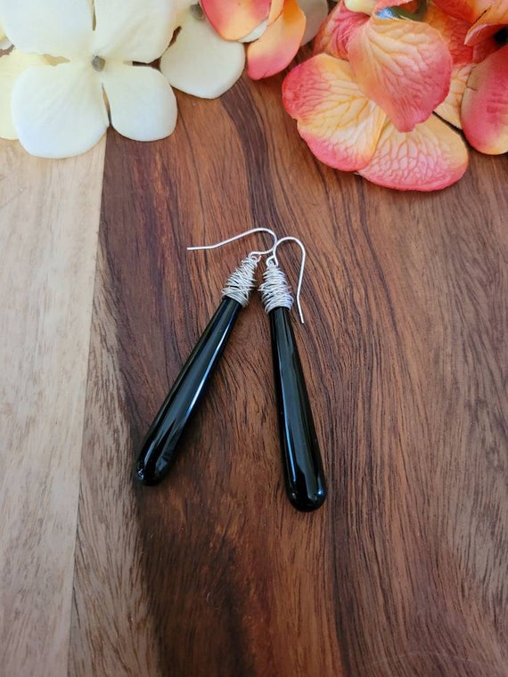 Long black onyx earrings. Black earrings. Avail in sterling silver, gold and rose gold wiring