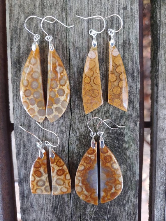 Unique fossil coral earrings. Avail in Sterling only