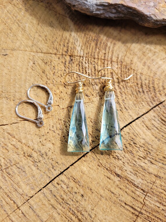 Long aquamarine quartz earrings. Light blue aquamarine earrings. Sterling silver aquamarine earrings. Gold aquamarine earrings