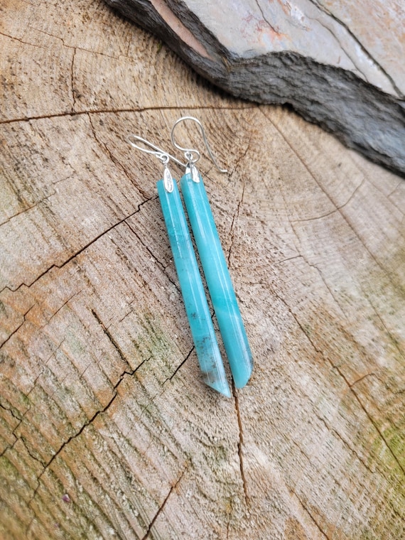 Stick amazonite earrings. Available in sterling silver only. Long amazonite earrings