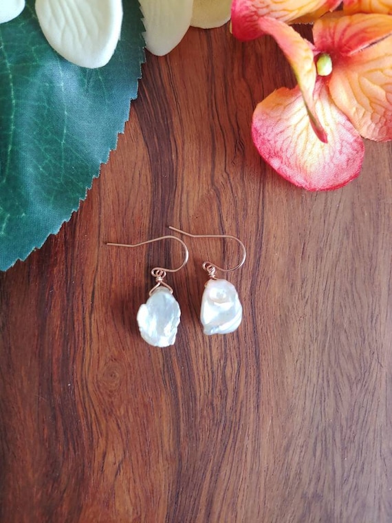 Dainty pearl earrings. Cornflake pearl earrings.  Sterling silver pearl earrings.  Gold pearl earrings. Rose gold pearl earrings