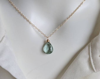Green amethyst necklace. Green amethyst teardrop necklace. Gold, silver and rose gold avail