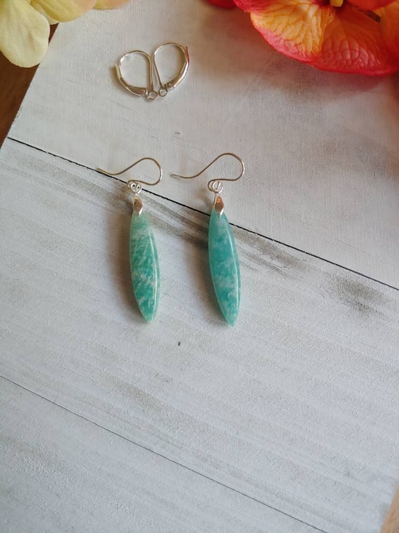 Marquis shaped amazonite earrings. Available in sterling silver only.  Long amazonite earrings