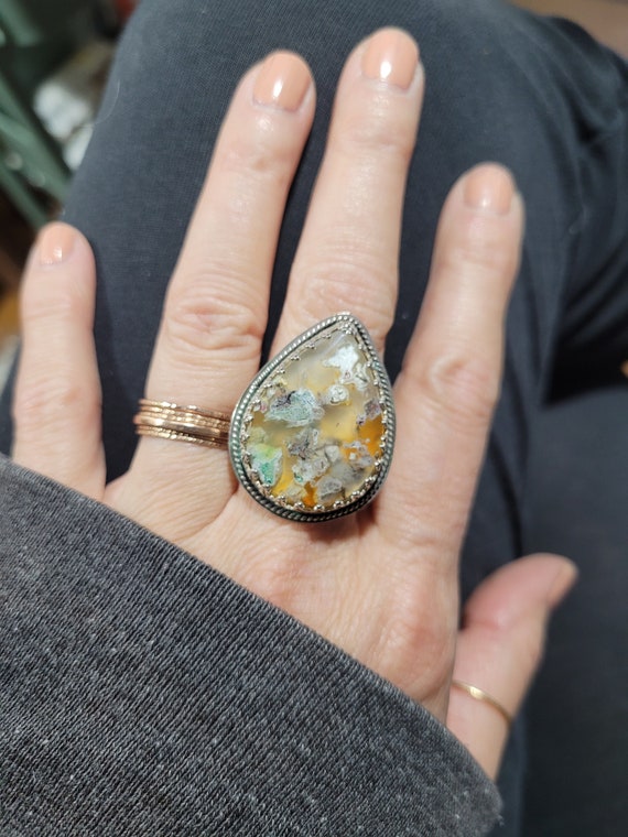 Just listed!!!  Sterling silver confetti copper chrysocolla agate statement ring.  Size 7.5 ready to ship