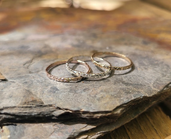 Ultra thin dainty ring. Stacking rings.  Gold sterling silver and rose gold hammered ring. Delicate patterned rings